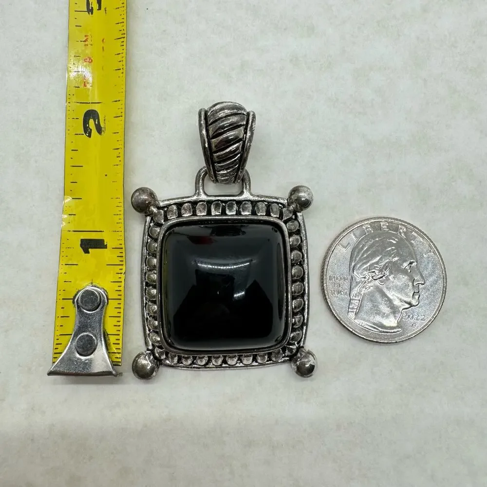 Vintage Premier Designs Silver Tone Black Stone Pendant Chain Necklace Stamped